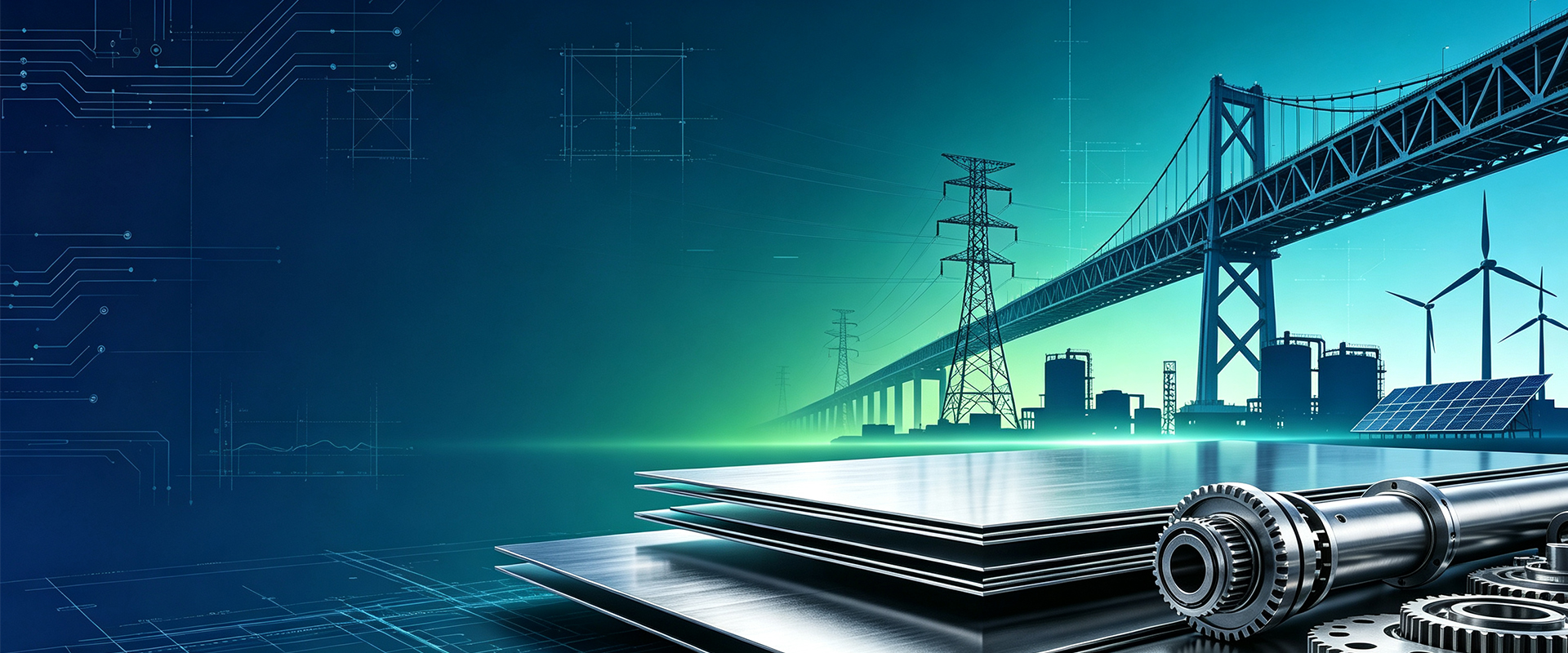Composite visual of a suspension bridge, transmission tower, wind turbines and steel plate stock representing structural steel applications
