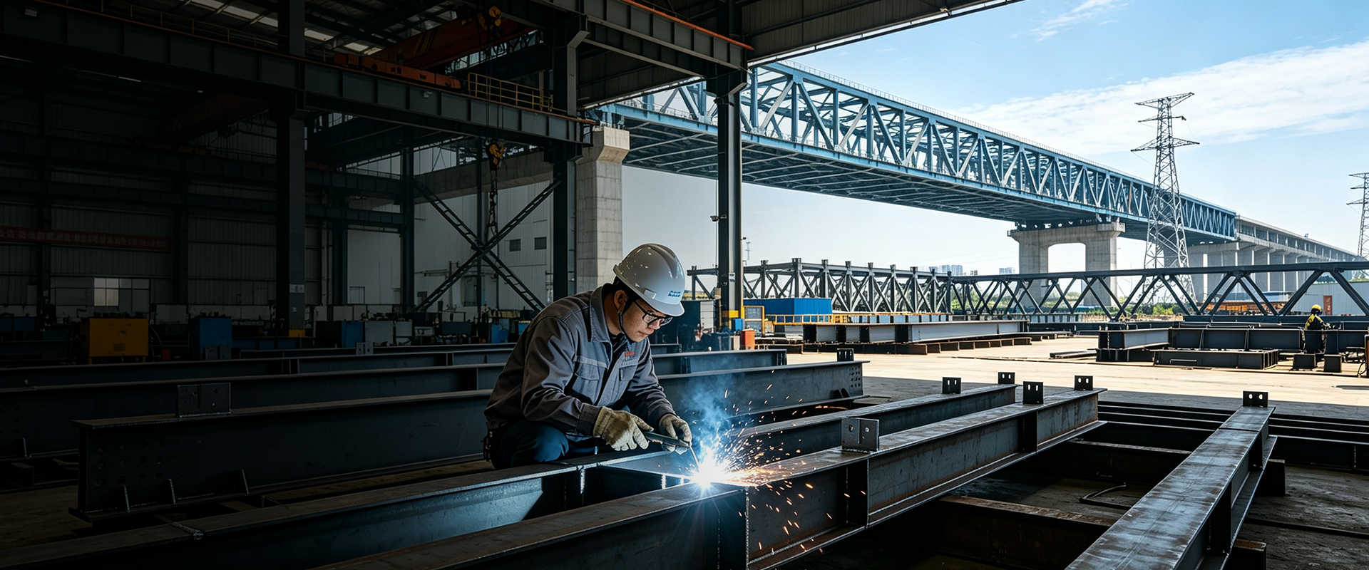 Welder assembling steel bridge girder members in the workshop