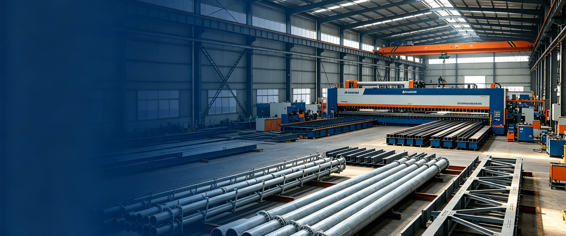 Workshop interior with CNC forming machinery, steel tubes and fabricated structural members ready for assembly
