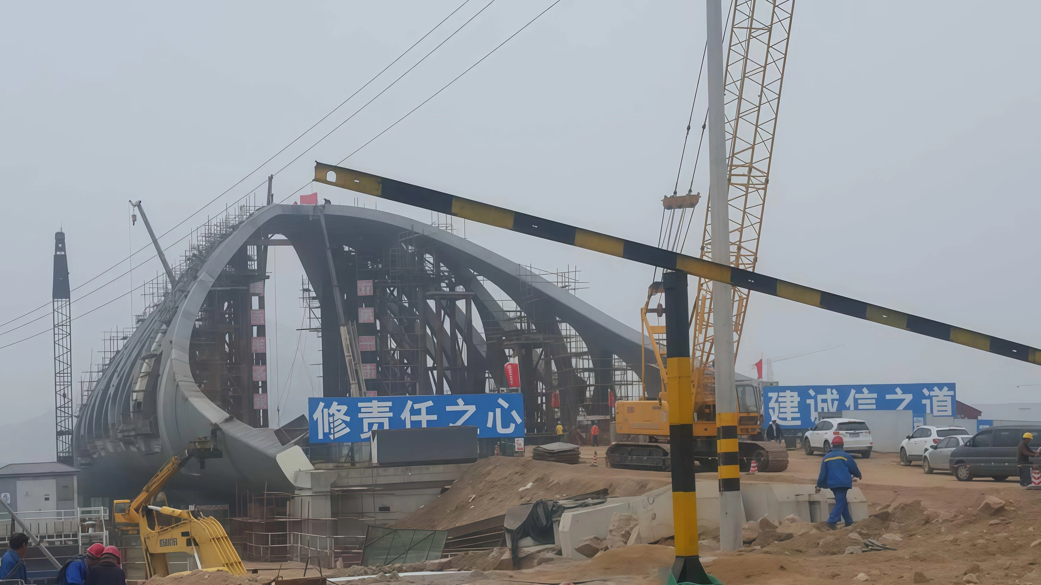 Steel bridge structure under construction with crane and arch girder